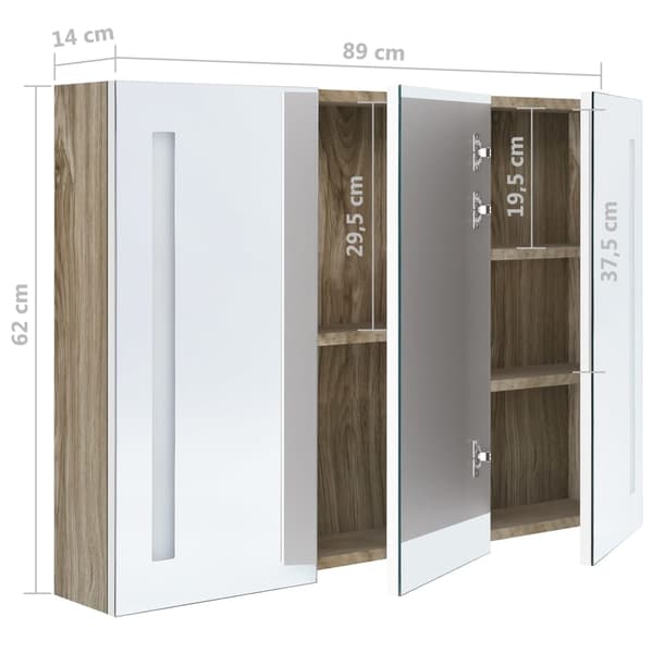 vidaXL LED-speilskap til bad 89x14x62 cm hvit og eik