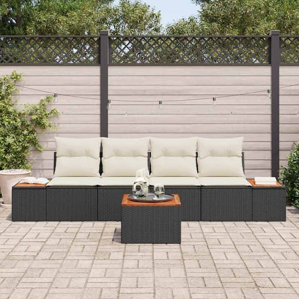 vidaXL Trädgårdsoffset med kudde 5 pcs Svart Poly rattan
