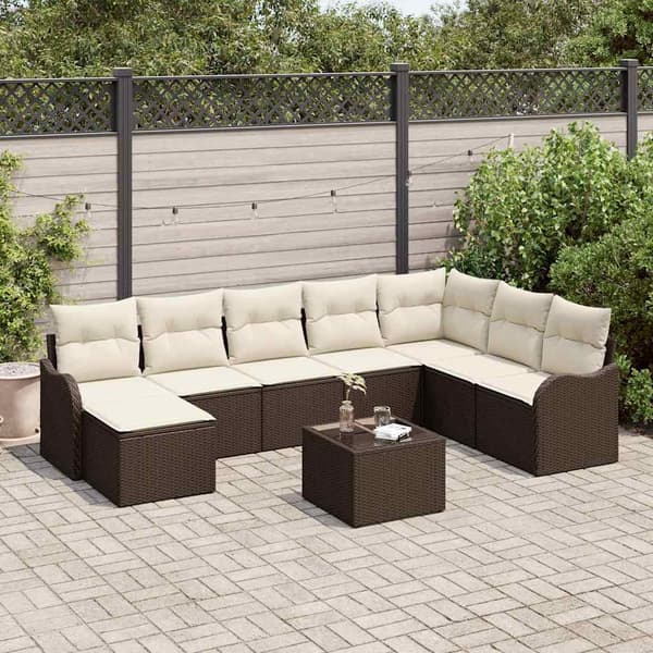 vidaXL Trädgårdsoffset med kudde 9 pcs Brun Poly rattan