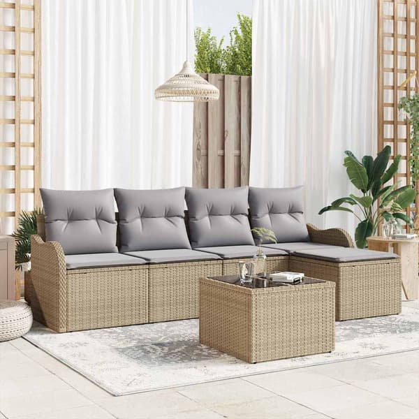 vidaXL Utesoffgrupp med dyna 6 delar Beige Polyrotting