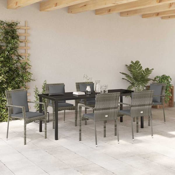 vidaXL Trädgårdsmöbelset med kudde 7 pcs Grå konstrotting