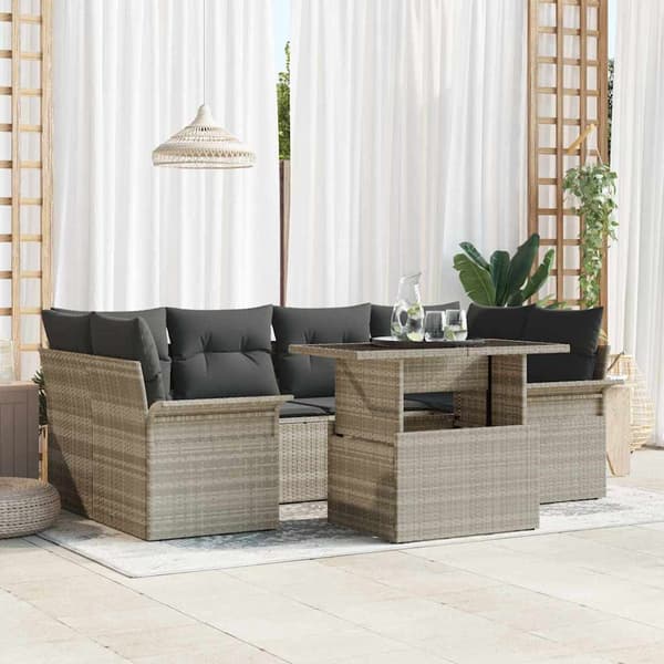 vidaXL Trädgårdsoffset med kudde 7 pcs Ljusgrå Poly rattan