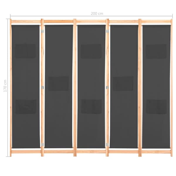 vidaXL Romdeler 5 paneler grå 200x170x4 cm stoff