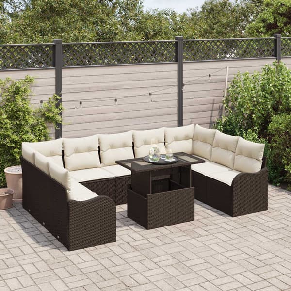 vidaXL Trädgårdsoffset med kudde 10 pcs Brun Poly rattan