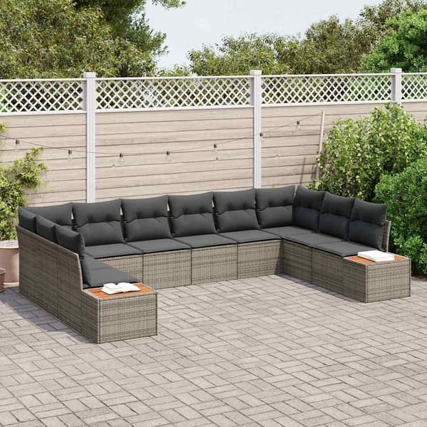 vidaXL Trädgårdsoffset med kudde 10 pcs Grå Poly rattan