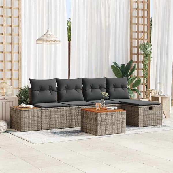 vidaXL Trädgårdsoffset med kudde 6 pcs Grå Poly rattan