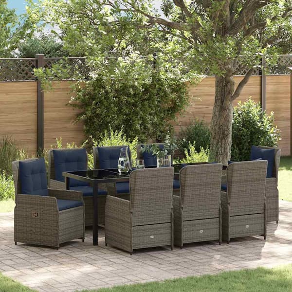 vidaXL Trädgårdsmöbelset med kudde 9 pcs Grå Poly rattan