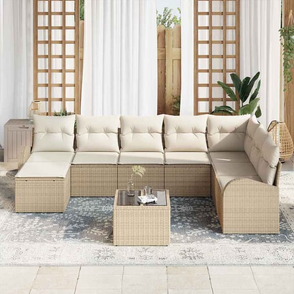 vidaXL Trädgårdssoffa Set med dyna 9 delar Beige Polyrotting