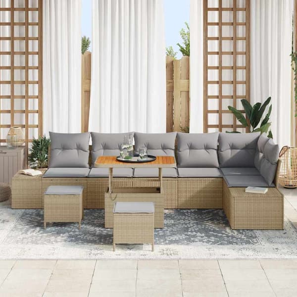 vidaXL Trädgårdsoffset med kudde 9 pcs Beige konstrotting