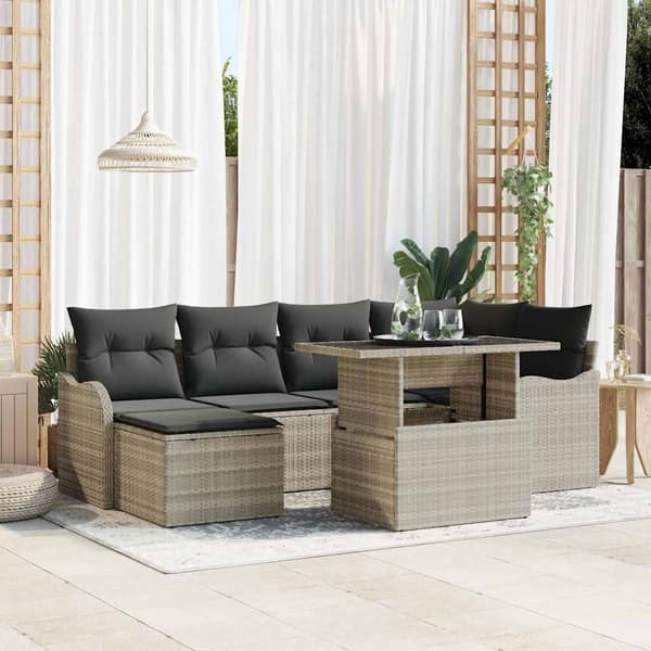 vidaXL Trädgårdsoffset med kudde 7 pcs Ljusgrå Poly rattan