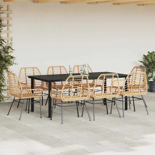 vidaXL Trädgårdsmatgrupp 9 delar brun polyrotting glas