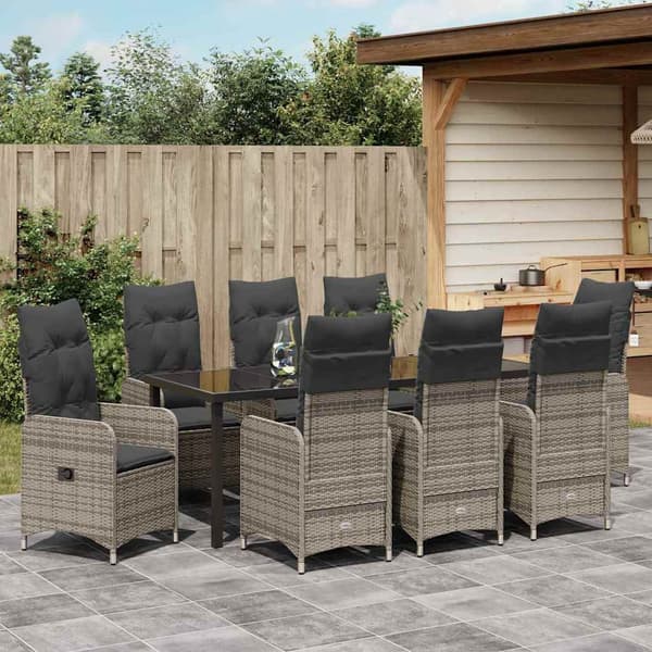 vidaXL Trädgårdsmöbelset med kudde 9 pcs Grå konstrotting