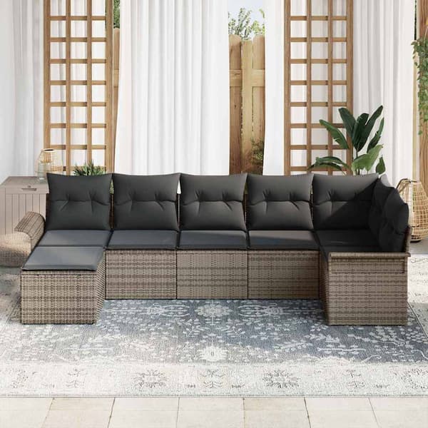 vidaXL Trädgårdsoffset med kudde med lagring 7 pcs Grå Poly rattan