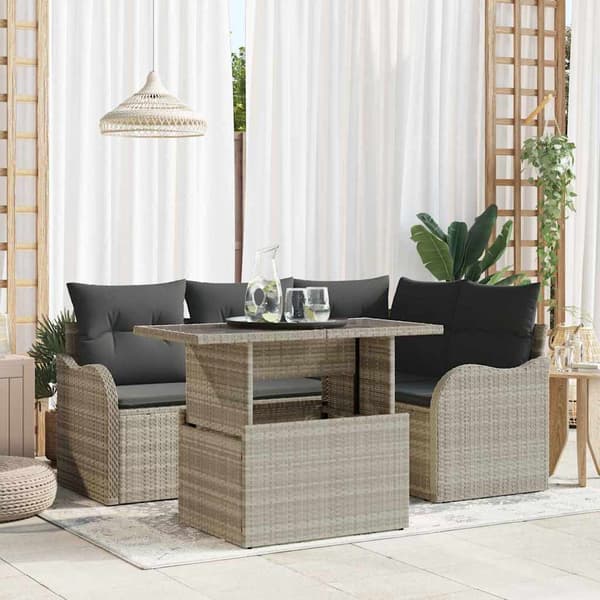 vidaXL Utomhusmatbord med kudde 5 pcs Ljusgrå Poly rattan