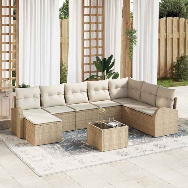vidaXL Trädgårdssoffa Set med dyna 9 delar Beige Polyrotting