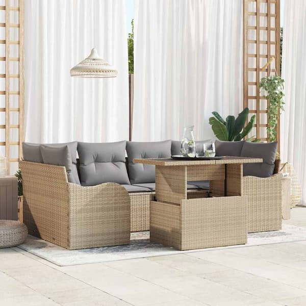 vidaXL Trädgårdsoffset med kudde med lagring 7 pcs Beige Poly Rattan