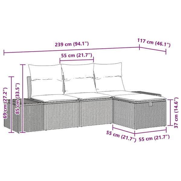 vidaXL Trädgårdsoffset med kudde 4 pcs Grå Poly rattan