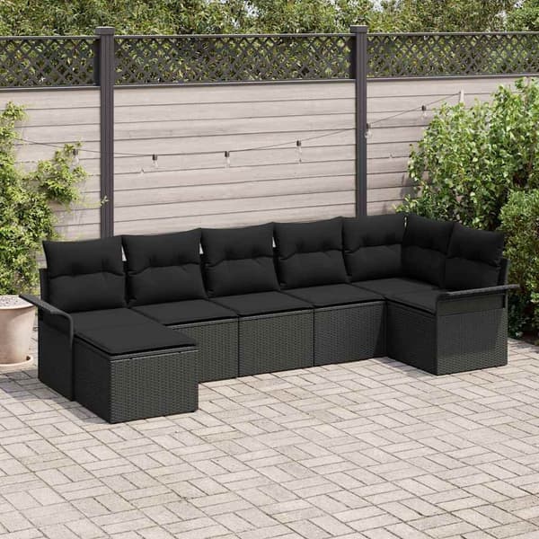 vidaXL Trädgårdsoffset med kudde 7 pcs Svart Poly rattan