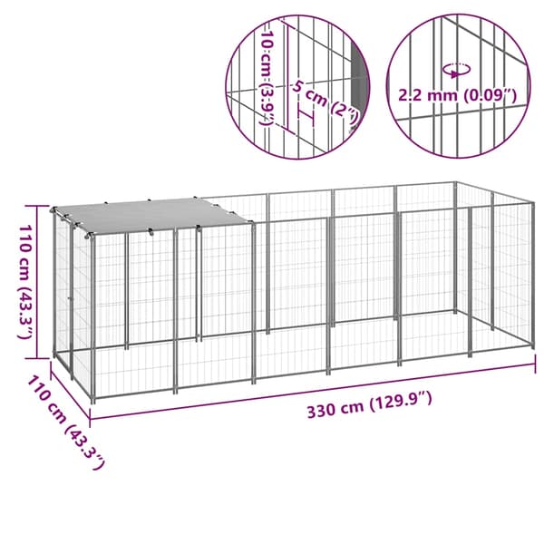 vidaXL Hundgård silver 330x110x110 cm stål