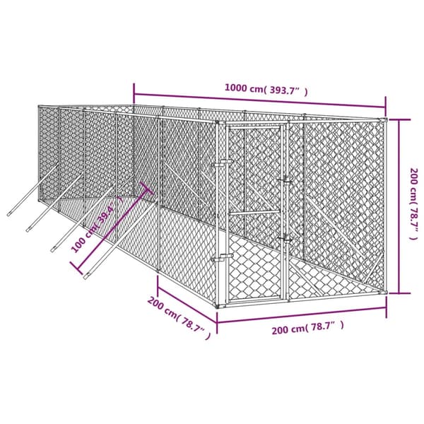 vidaXL Hundgård för utomhusbruk silver 2x10x2 m galvaniserat stål