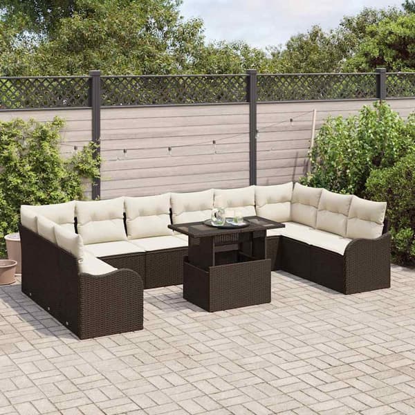 vidaXL Trädgårdsoffset med kudde 11 pcs Brun Poly rattan