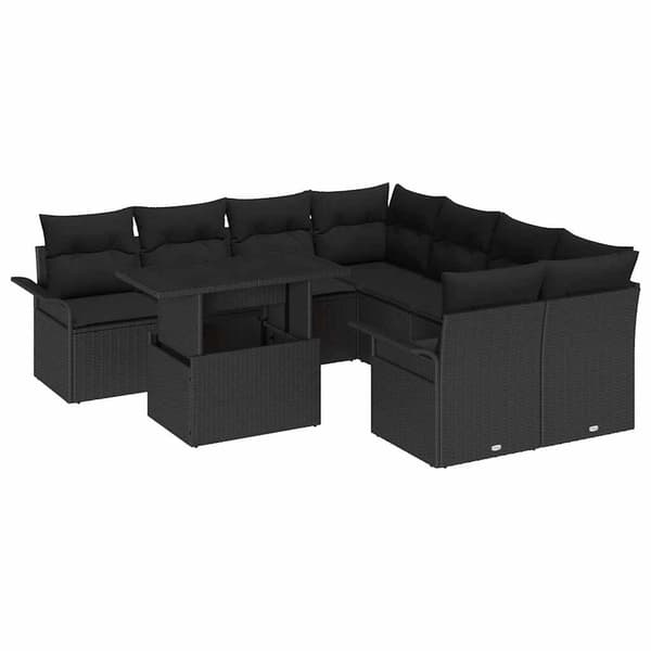 vidaXL Trädgårdsoffset med kudde 9 pcs Svart Poly rattan