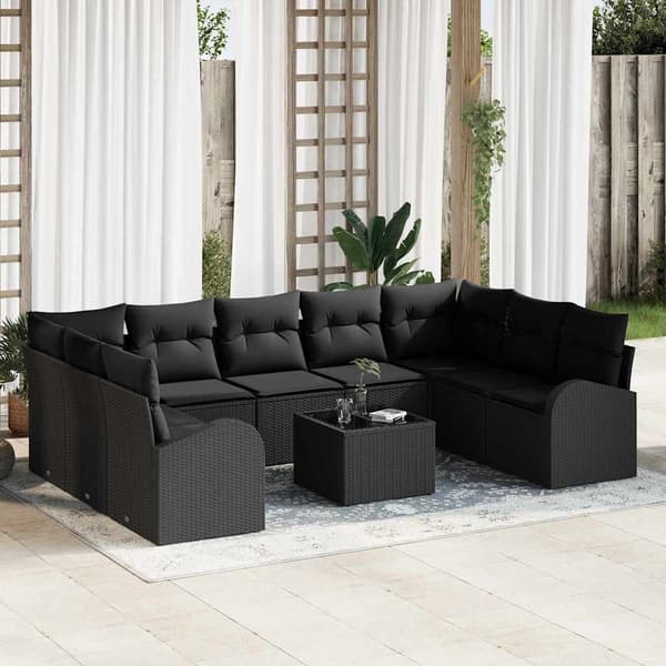 vidaXL Soffset med kudde 10 pcs Svart Poly Rattan