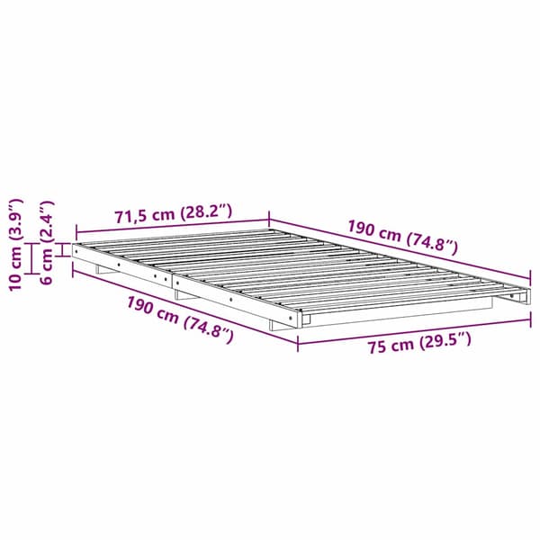 vidaXL Sängram Vit 75 x 190 cm Massiv furu