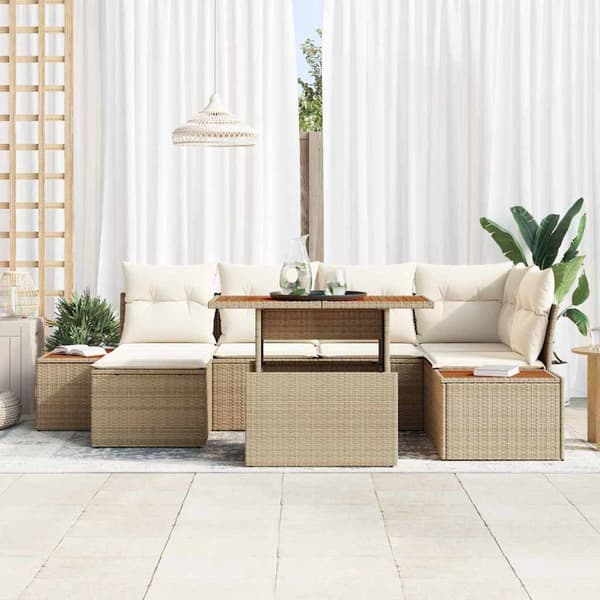 vidaXL Trädgårdsoffset med lagring 7 pcs Beige Poly rattan