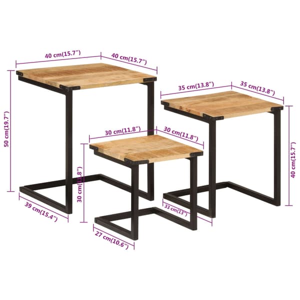 vidaXL Stablebare salongbord 3 stk heltre mango og jern