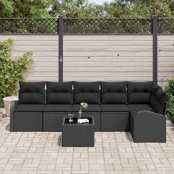 vidaXL Trädgårdsoffset med kudde 7 pcs Svart Poly rattan
