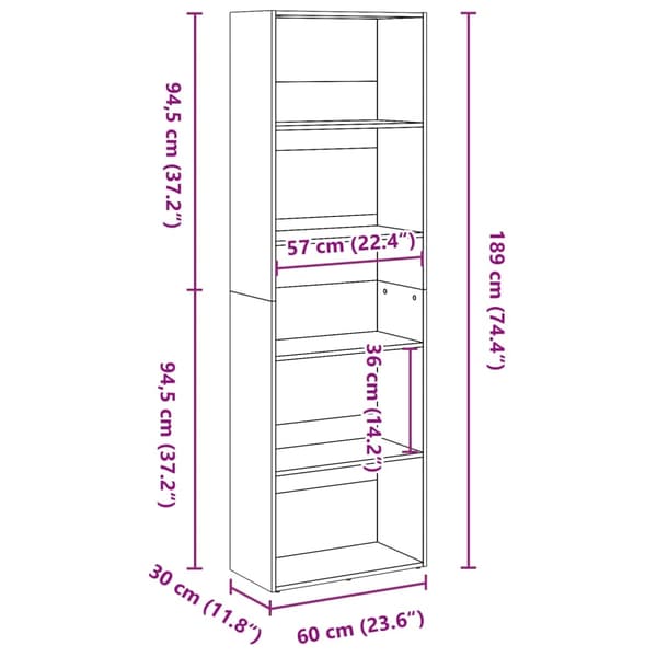 vidaXL Bokhylle artisan eik 60x30x189 cm konstruert tre