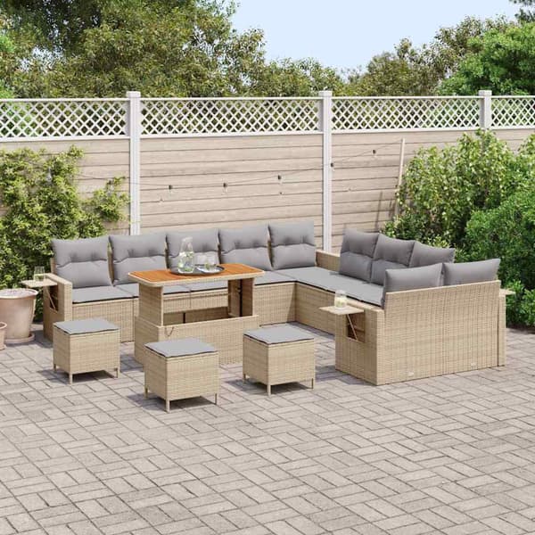 vidaXL Trädgårdsoffset med kudde med lagring 14 pcs Beige konstrotting