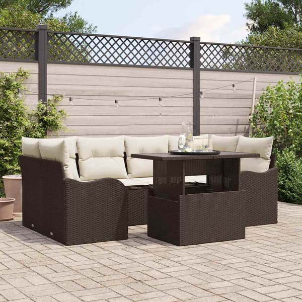 vidaXL Trädgårdsoffset med kudde 7 pcs Brun Poly rattan