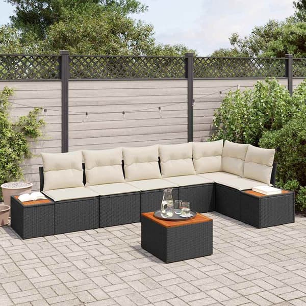 vidaXL Trädgårdsoffset med kudde 7 pcs Svart Poly rattan