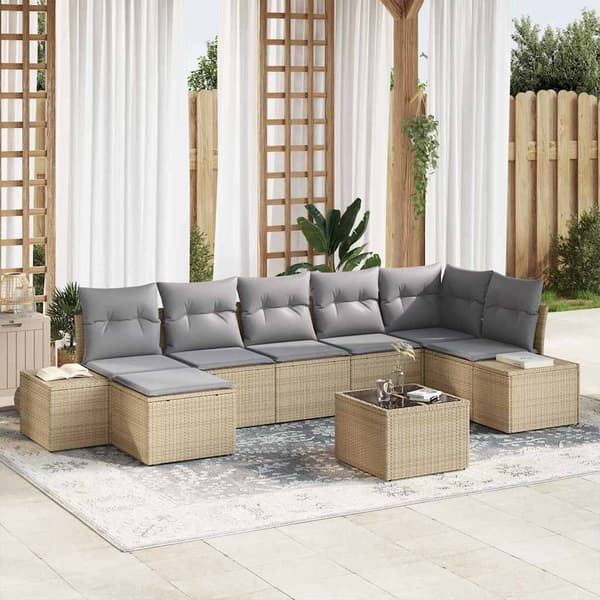 vidaXL Trädgårdsoffset med kudde 8 pcs Beige konstrotting