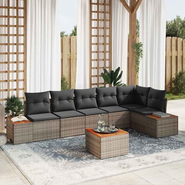 vidaXL Trädgårdsoffset med kudde 7 pcs Grå Poly rattan