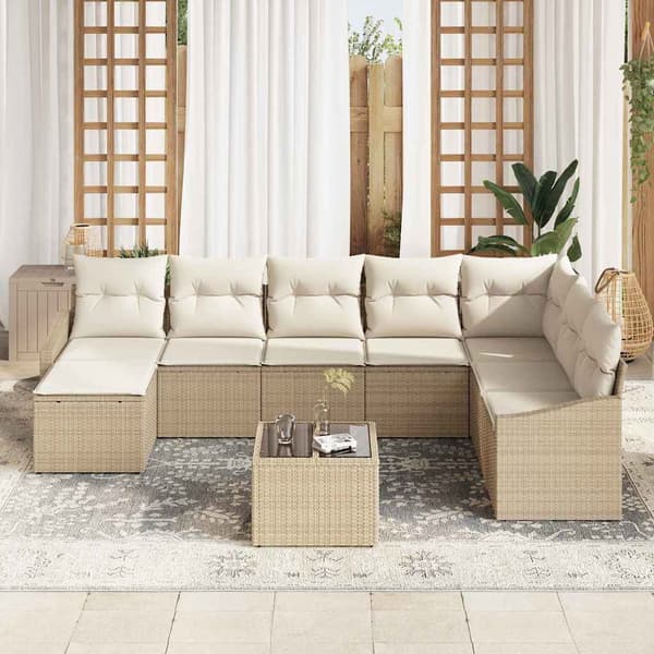 vidaXL Soffgrupp med dynor 9 delar Beige polyrotting