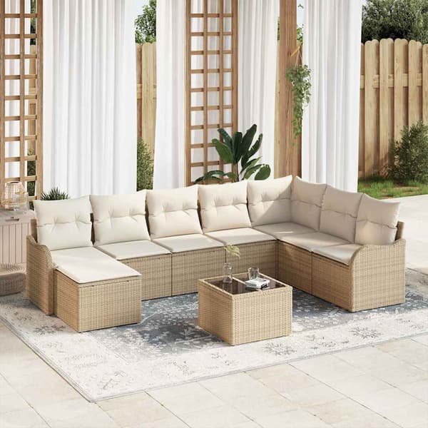 vidaXL Trädgårdsoffset med kudde 9 pcs Beige Poly rattan