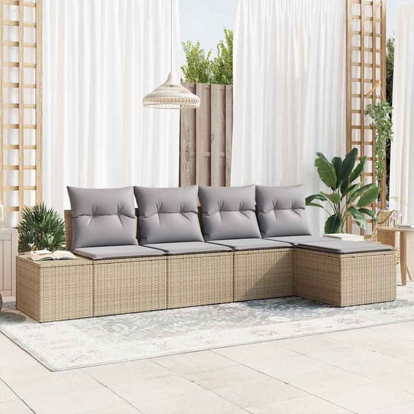 vidaXL Trädgårdssoffa Set med dyna 5 delar Beige polyrotting