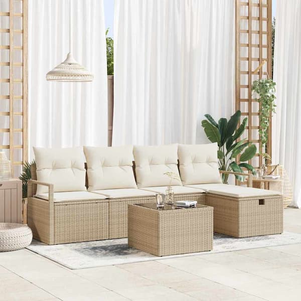 vidaXL Trädgårdsoffset med kudde med lagring 6 pcs Beige Poly rattan