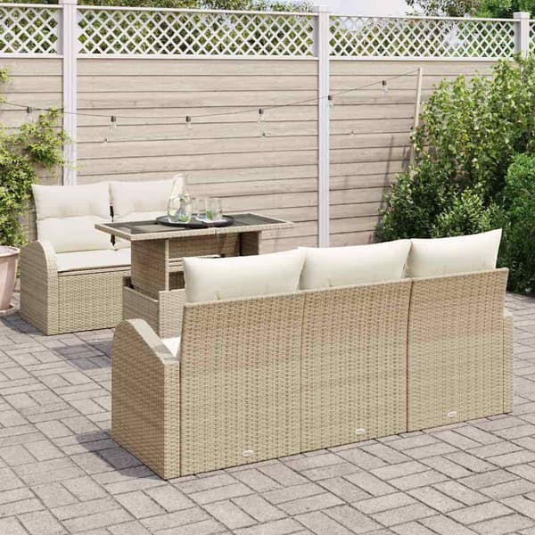 vidaXL Trädgårdsoffset med kudde med kudde 6 pcs Beige Poly Rattan