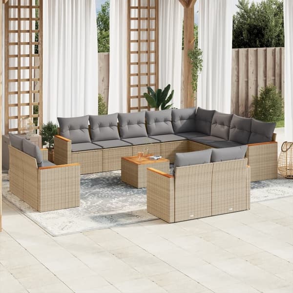 vidaXL Soffgrupp för trädgården med dynor 13 delar beige konstrotting