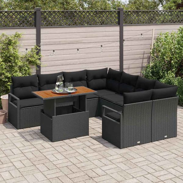 vidaXL Trädgårdsoffset med lagring 9 pcs Svart Poly rattan