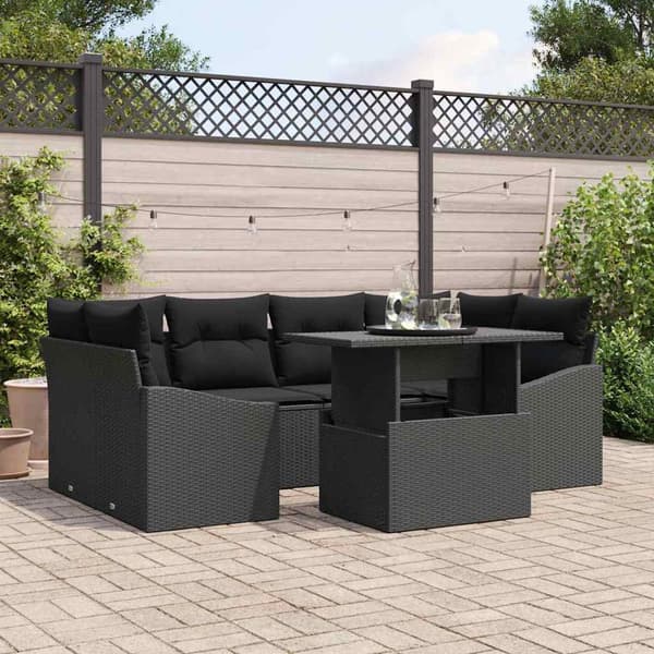 vidaXL Trädgårdsoffset med lagring 7 pcs Svart Poly rattan