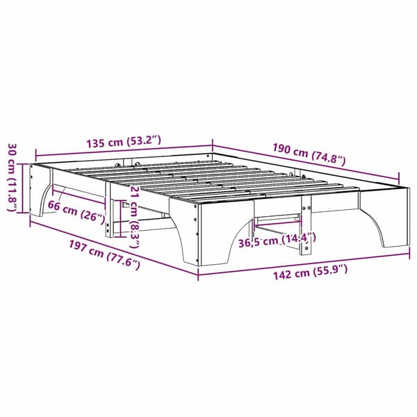 vidaXL Sängram Vit 135 x 190 cm Massiv furu