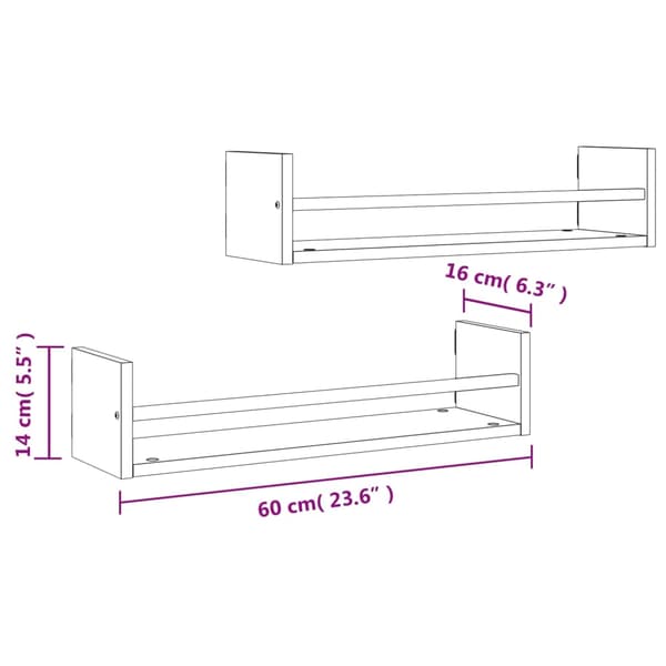 vidaXL Vegghyller med stenger 2 stk røkt eik 60x16x14 cm