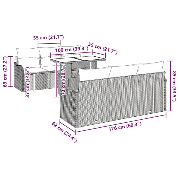 vidaXL Trädgårdsoffset med kudde 7 pcs Ljusgrå Poly rattan
