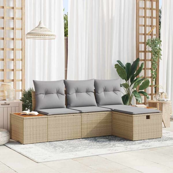 vidaXL Trädgårdsoffset med kudde 4 pcs Beige Poly rattan