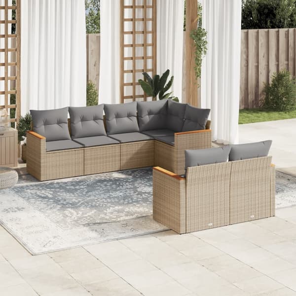 vidaXL Matgrupp för trädgården med dynor 7 delar beige konstrotting